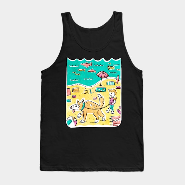 Mid-century Boy Walking his Big Dog on the Beach Tank Top by narwhalwall